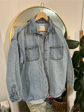 Light Wash Denim Shirt Jacket with Pocket Front